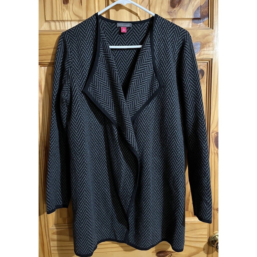Vince Camuto Sweater Womens Small Black Cotton Cardigan Open Front Long Sleeve
